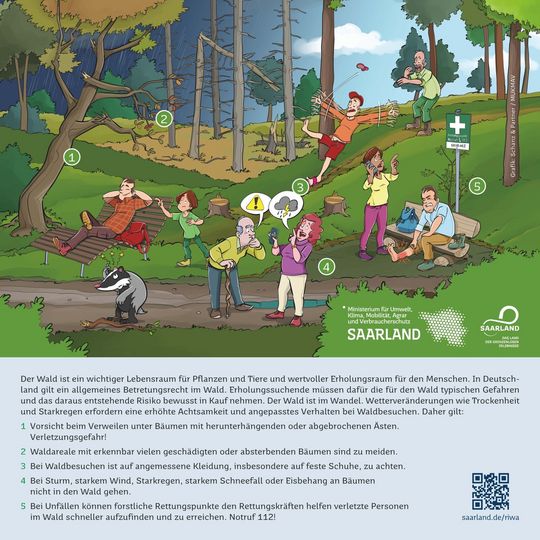 Tafelschild mit einer gezeichneten Waldszene, die verschiedene Gefahren Situationen darstellt, wie abbrechende Äste, rutschige Böden, Unwetter und Sturm.