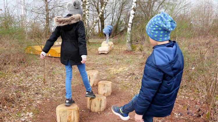 Holzklötze im Wald, über die Kinder laufen