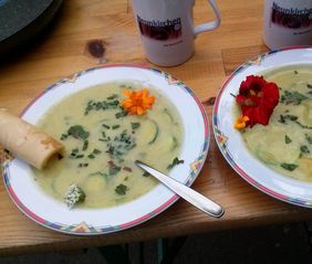 Suppe mit Kräutern und Pfannkuchen